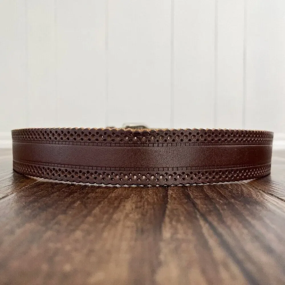 Laser Cut Belt Scallop Edge Solid Brass Buckle Bonded Leather Size Medium Brown